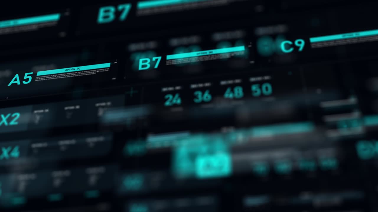 Futuristic user interface HUD GUI digital text number element for cyber technology concept with shallow depth of field dark and grain processed