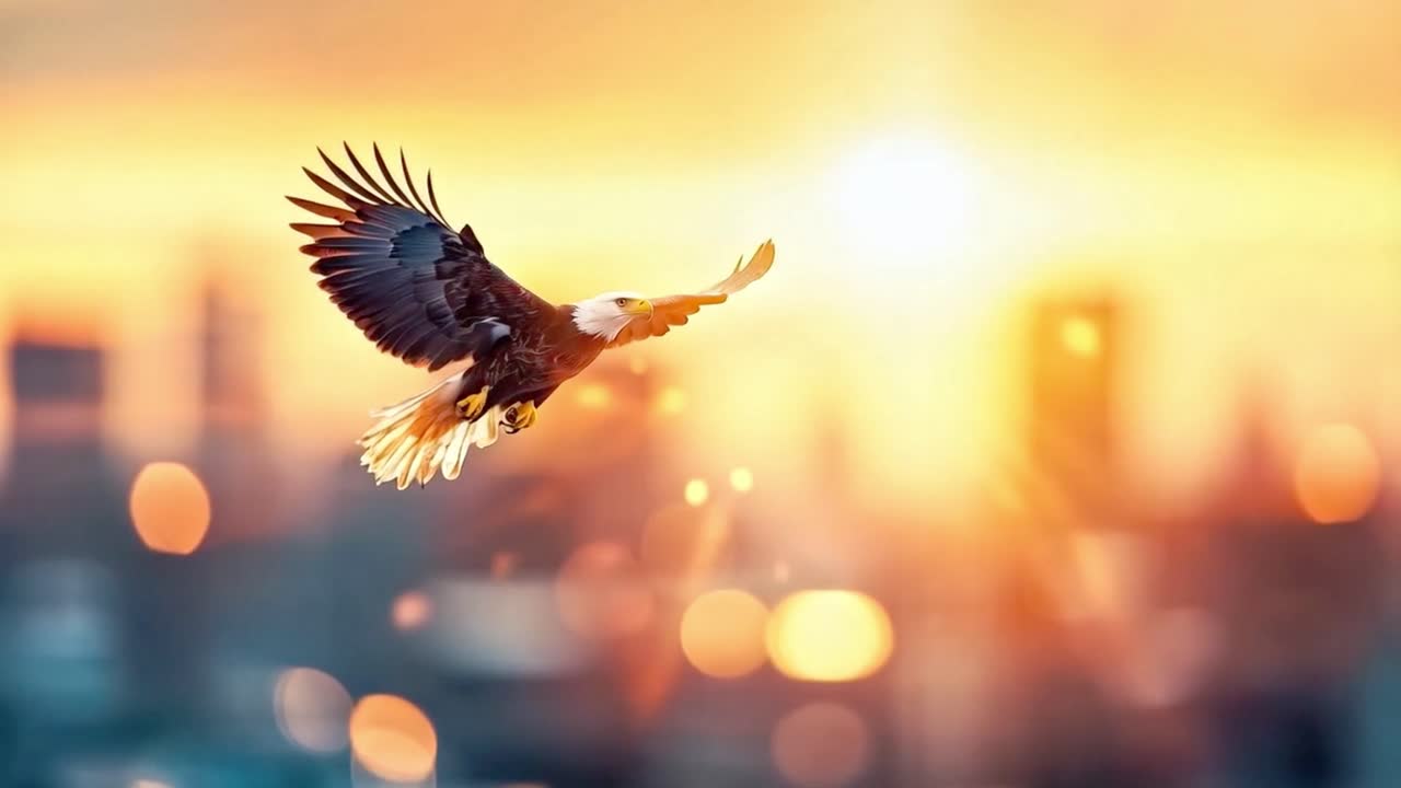 Bald Eagle Soaring Over City at Sunset