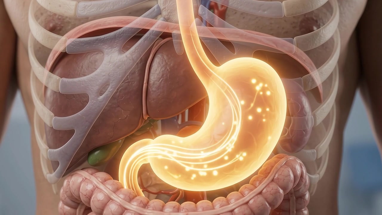 Animazione medica del processo di digestione dello stomaco umano