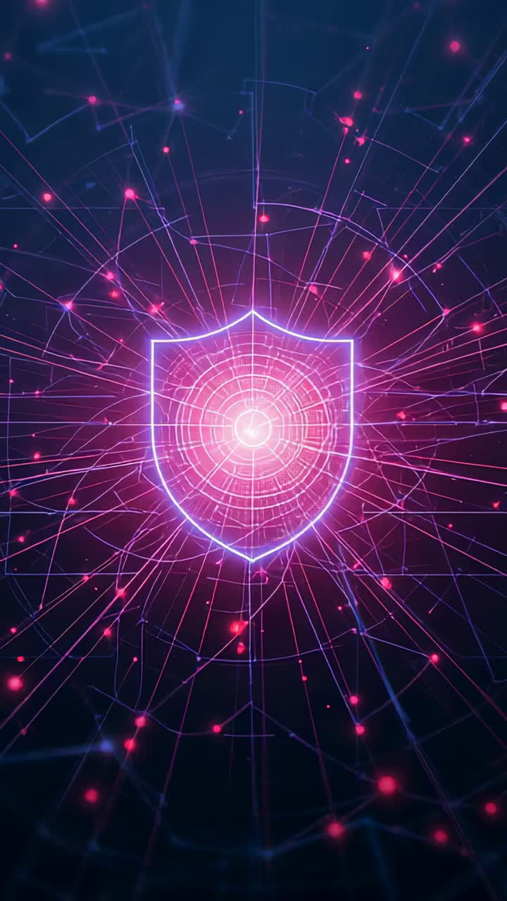 Vertical video: Starting initial pulse, neon shield magenta core expanding in navy void, with nodes
