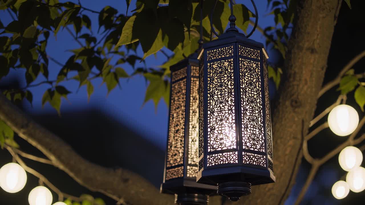 Metal lanterns glowing softly, hanging from tree branch, casting warm light against twilight backdrop with string lights illuminating surrounding darkness