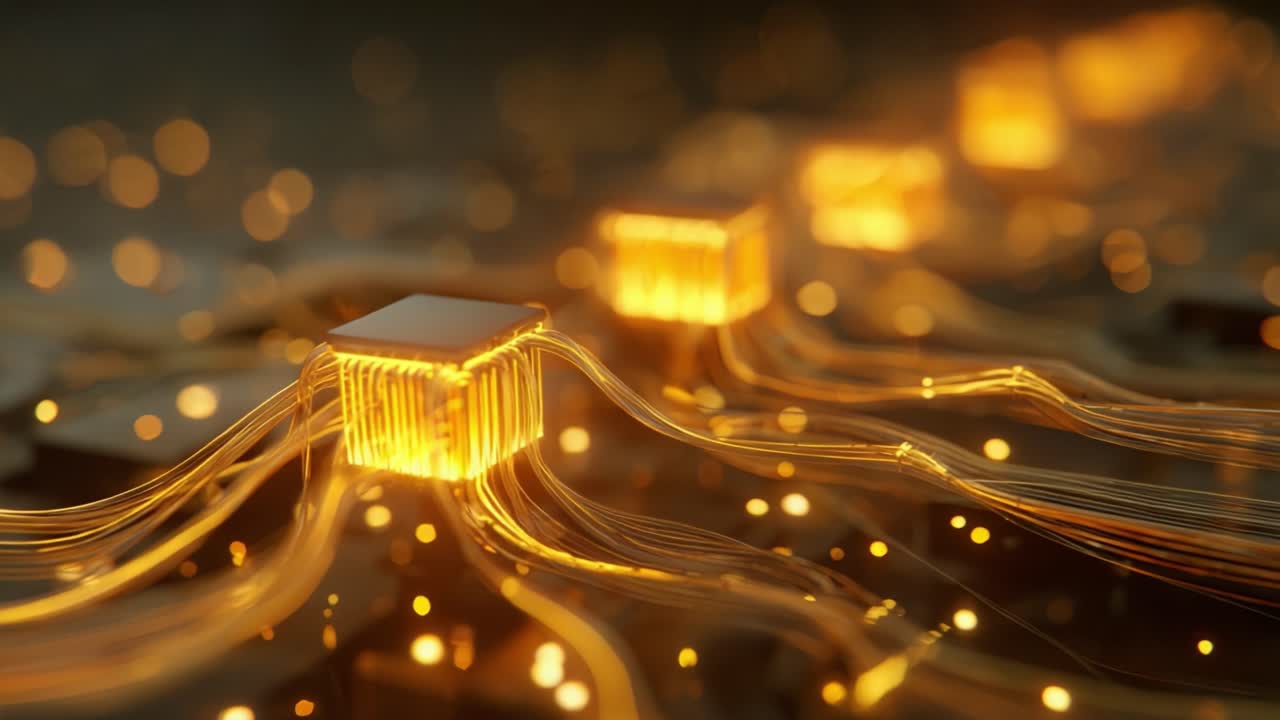Macro shot of a futuristic CPU transmitting glowing data through a network of fiber optics, symbolizing innovation in technology, artificial intelligence, big data and high speed communication