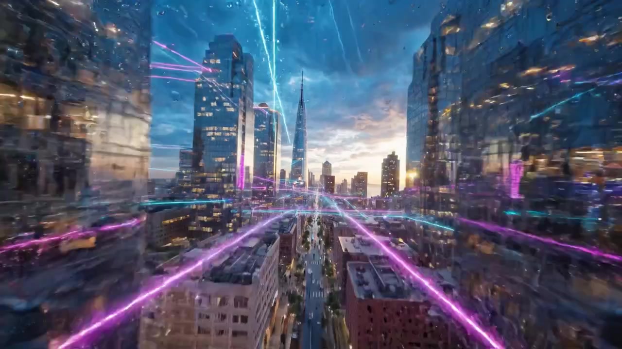 Amanhecer Urbano Dinâmico: Uma Paisagem Urbana Encharcada pela Chuva com Arranha-céus Modernos e Trilhas de Luz Vibrantes Sob um Céu Lindamente Colorido ao Amanhecer