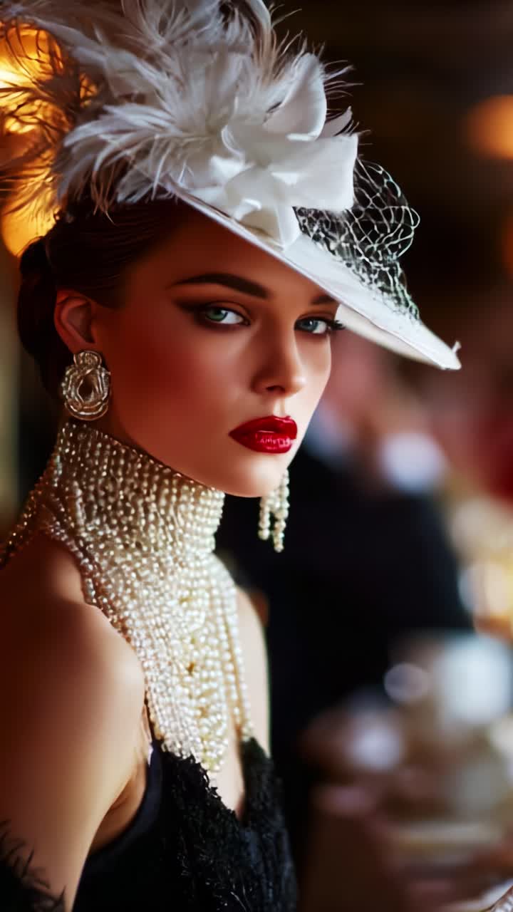 Elegant Woman with Feathered Hat, Pearls, and Bold Makeup Captured in a Glamorous Setting, Radiating Timeless Beauty and Sophistication
