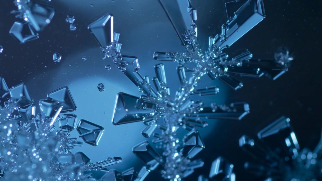 Focus shifting causing ice crystal showing facets and revealing network in macro studio, with bokeh