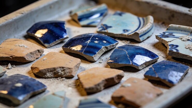 Pulling camera framing tighter on tray with blue-glazed shards at workshop, highlights shifting