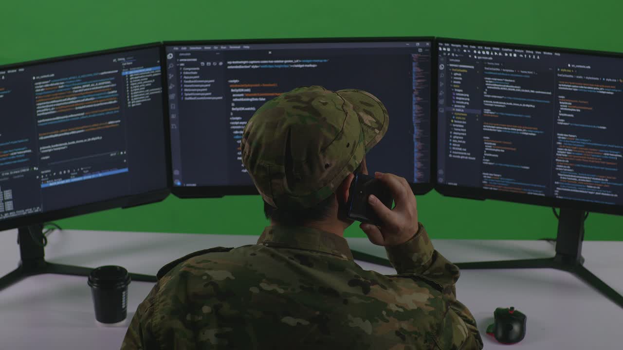 Back View Of Asian Man Soldier Developer Talking On Mobile Phone While Write Code With Multiple Computer Screens In Green Screen Studio