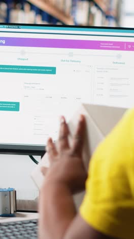 vertical video black woman processing orders next to ai-generated brain for tracking software