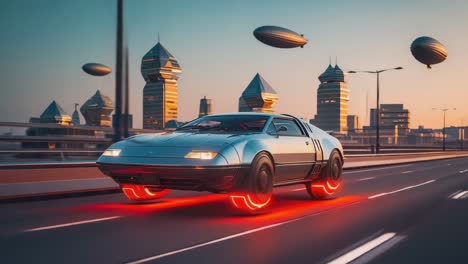 futuristic hovercar on an elevated highway in a sci-fi city