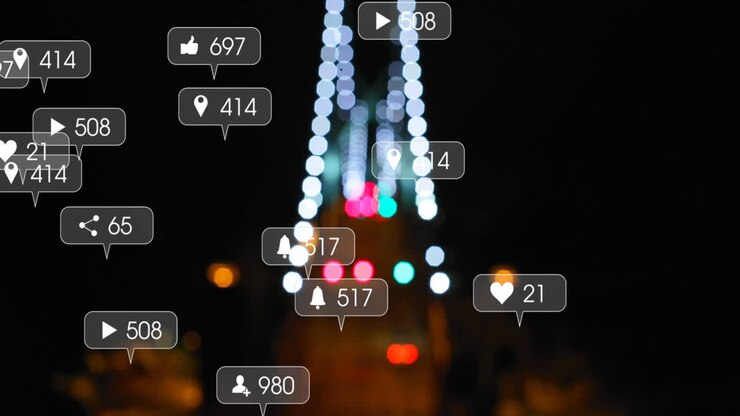 Animation af ikoner og tal for sociale medier over en sløret by og trafiklys