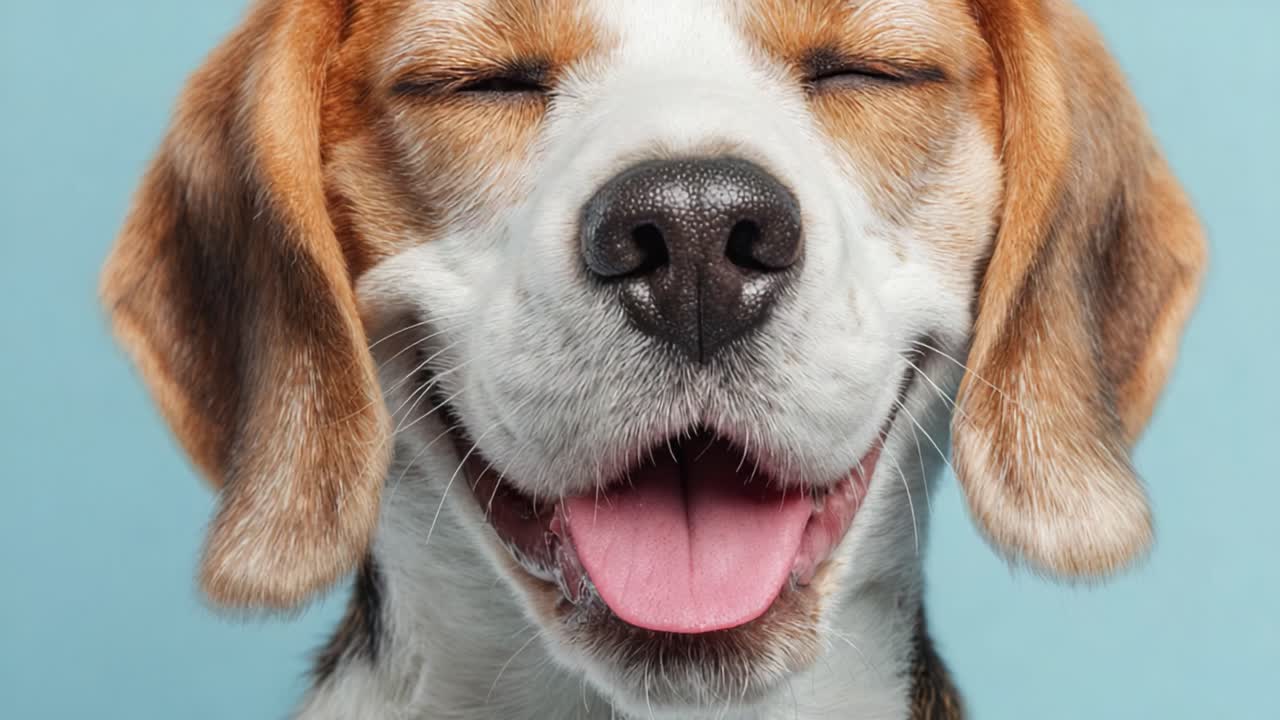 Allegro beagle con un sorriso smagliante e occhi scintillanti su sfondo blu chiaro, ripreso in due inquadrature che mostrano l'espressione gioiosa di questa amichevole razza