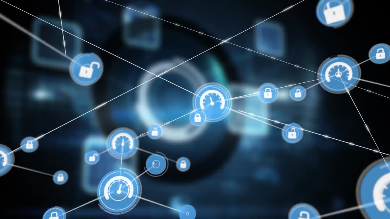 Animation of network of connections with icons over shapes on black background