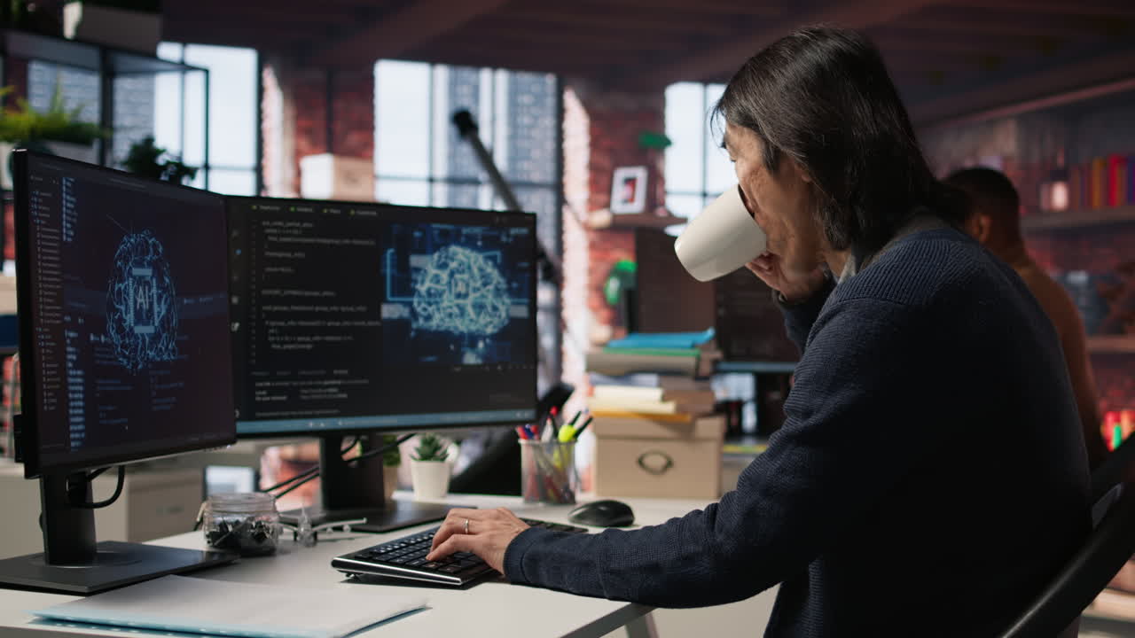 ingeniero en una oficina de inicio de tecnología que utiliza sistemas de aprendizaje automático de ia en la pc