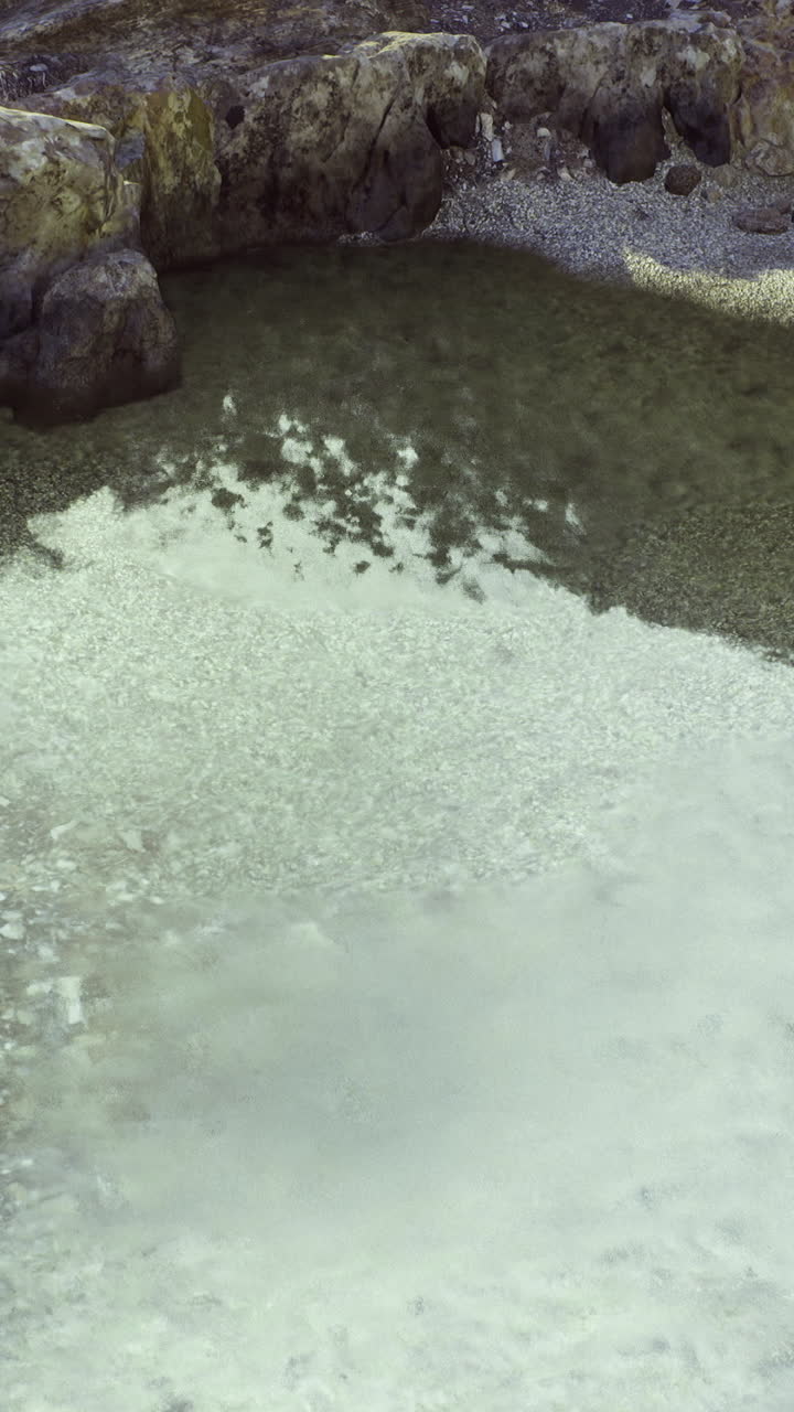 Rocky shoreline with calm waters reflecting the sky near a beach area