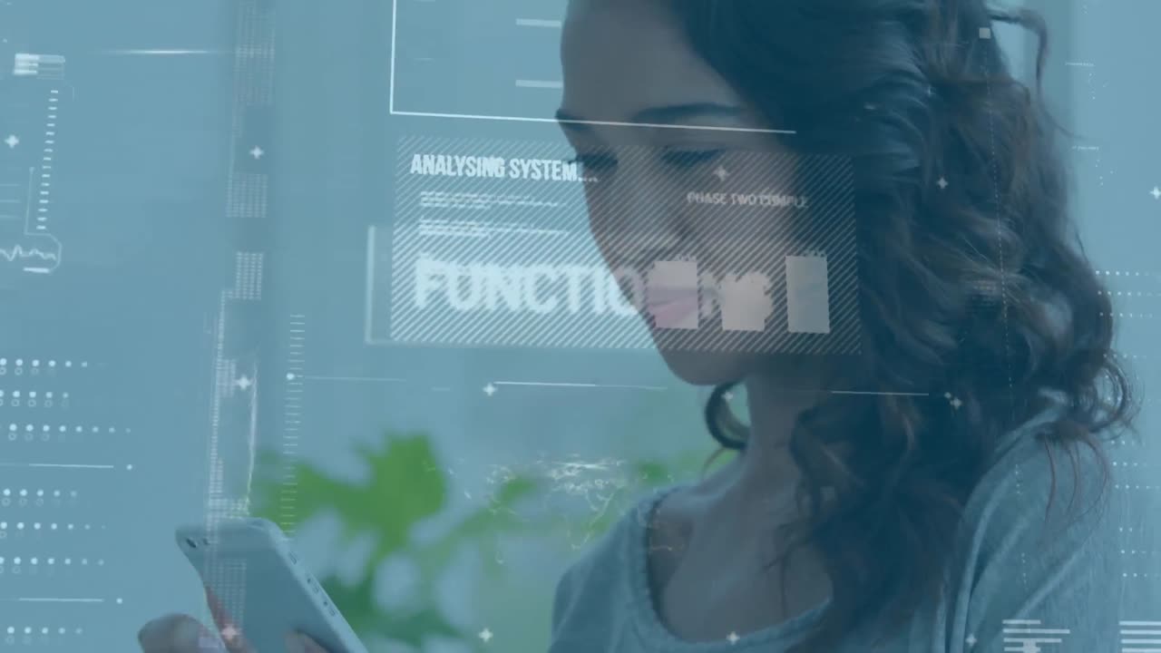Animation of data processing over biracial woman using smartphone
