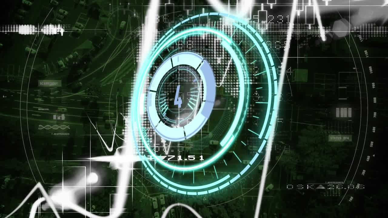 Countdown over neon round scanner and statistical data processing against aerial view of cityscape