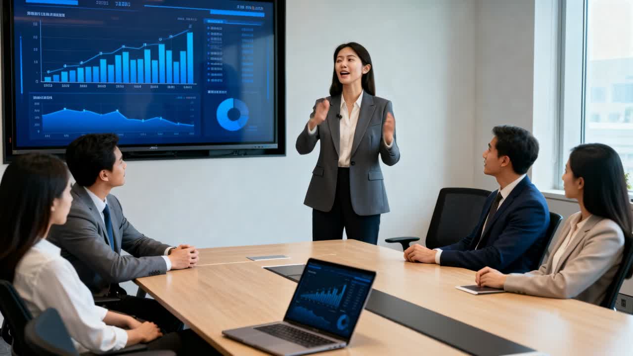 Starting presentation presenter in grey blazer gesturing at wall screen, reviewing charts on laptop