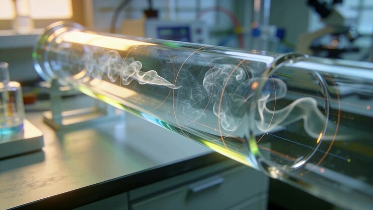 Forming from faint tracer at left, glass tube revealing vortex rings on lab bench, visualizing flow