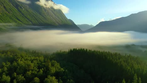 morning mist over the valley among the mountains in the sunlight. fog and beautiful nature of norway aerial footage.