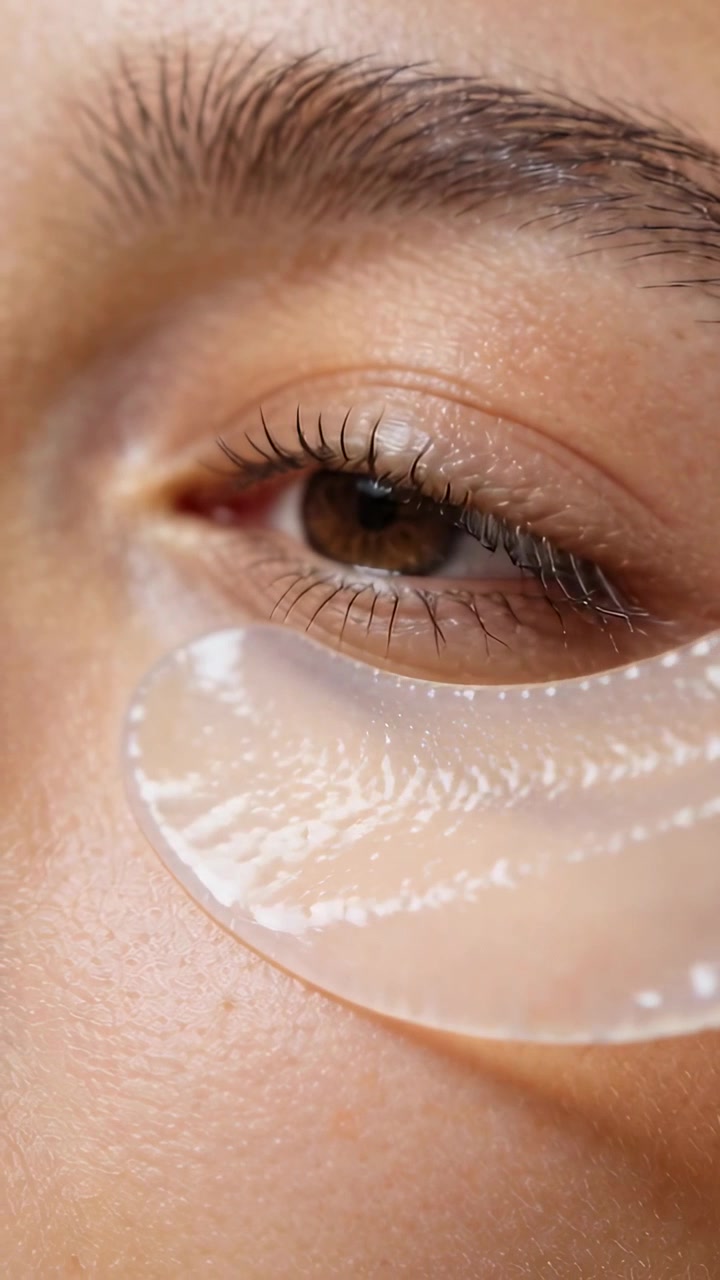 Vertical video: Reacting to soft light, right eye blinking at home, under-eye patch spreading serum