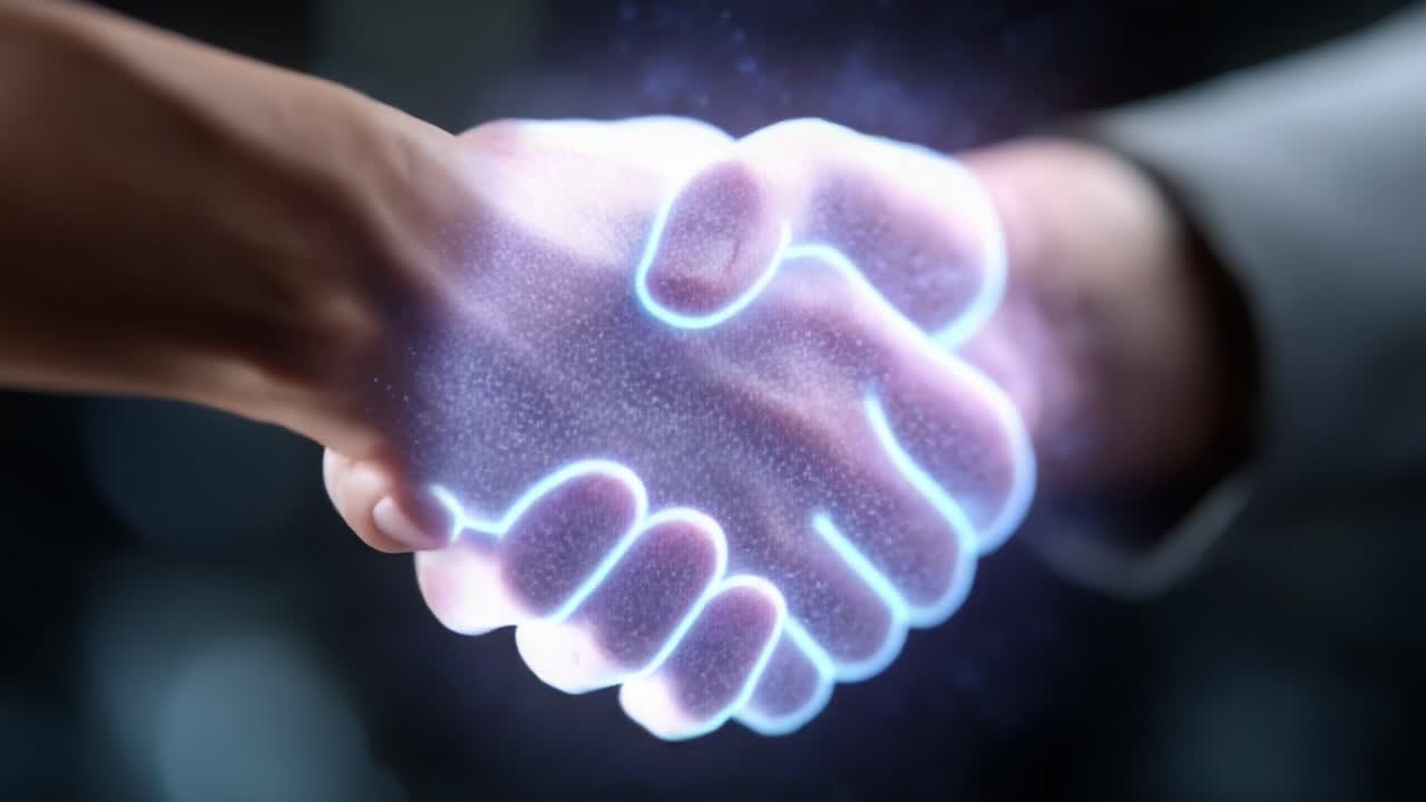 A Dynamic and Transformative Handshake Representing Unity, Collaboration, and Connection Between Two Individuals in a Magical and Futuristic Setting