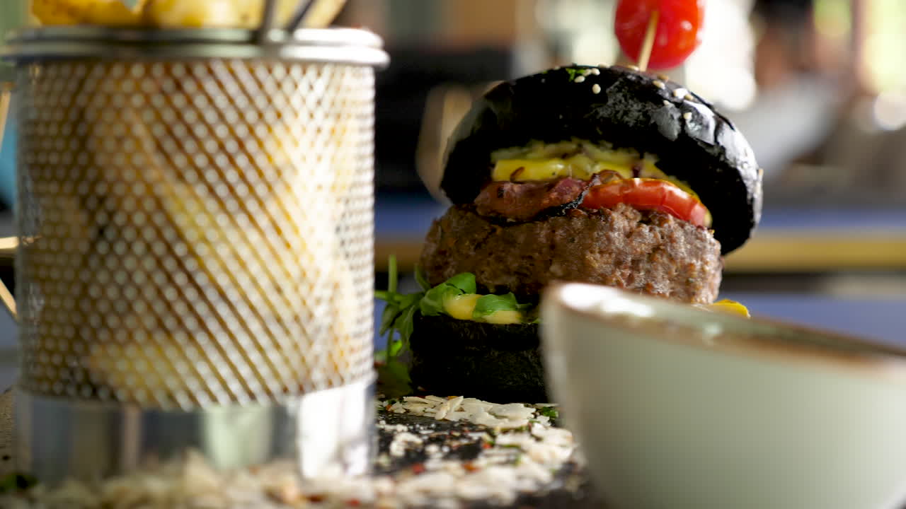 Burger and Fries at a Restaurant