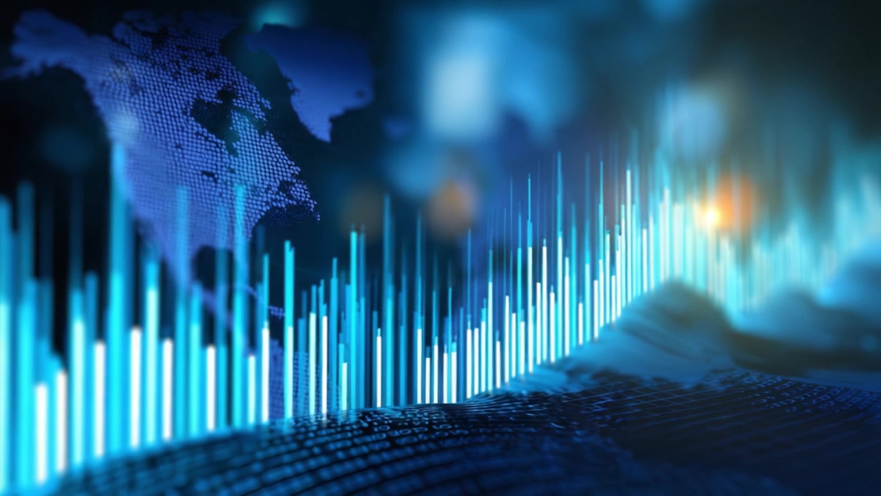 Visual Representation of Global Data Trends with a Focus on Analytics, Featuring a Vibrant Blue Color Palette and a Pulsating Bar Graph Displaying Information Growth
