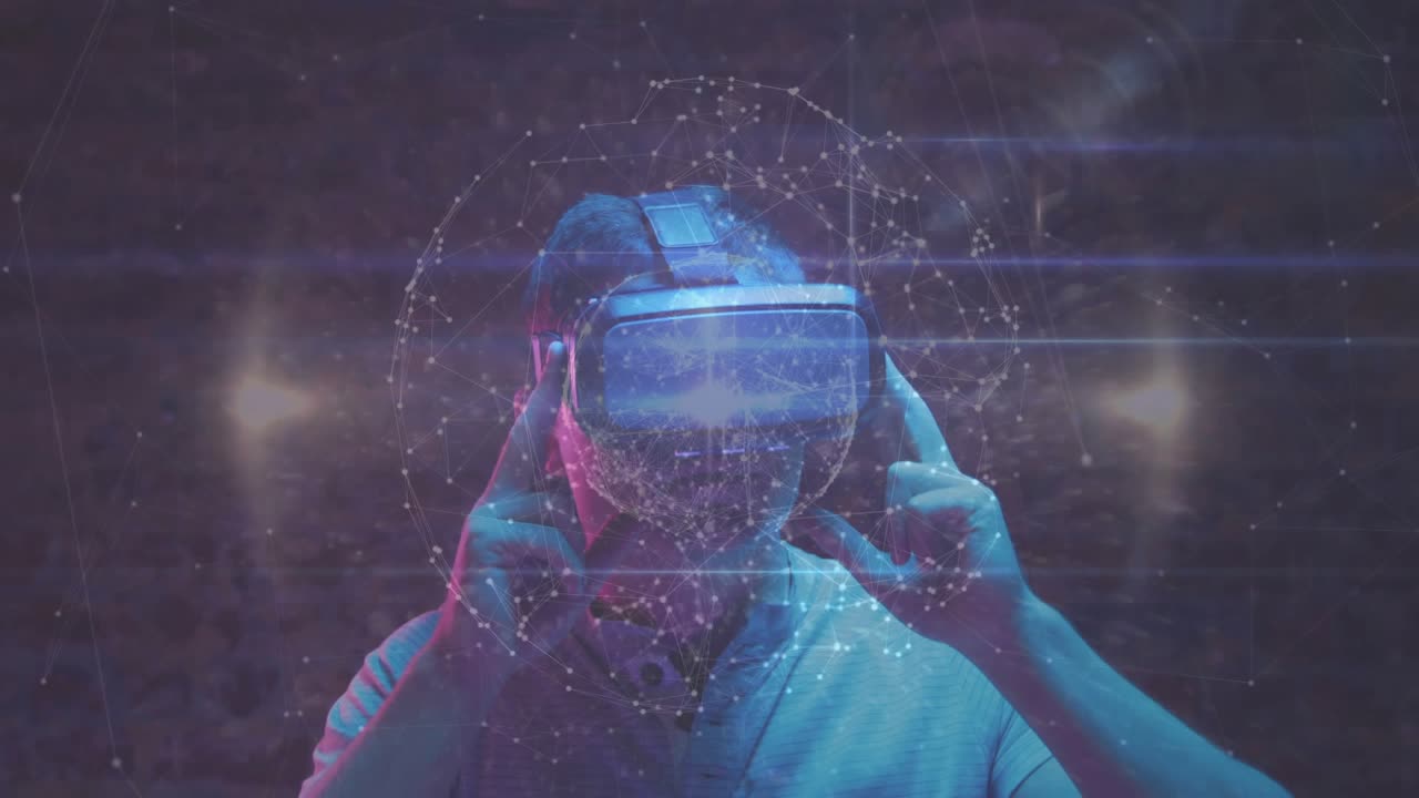 Man placing fingers on VR headset under neon wall rotating pulsing hologram and immersing virtually