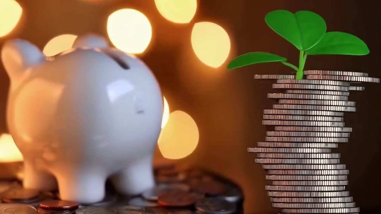 コインが積み重なる貯金箱と植物