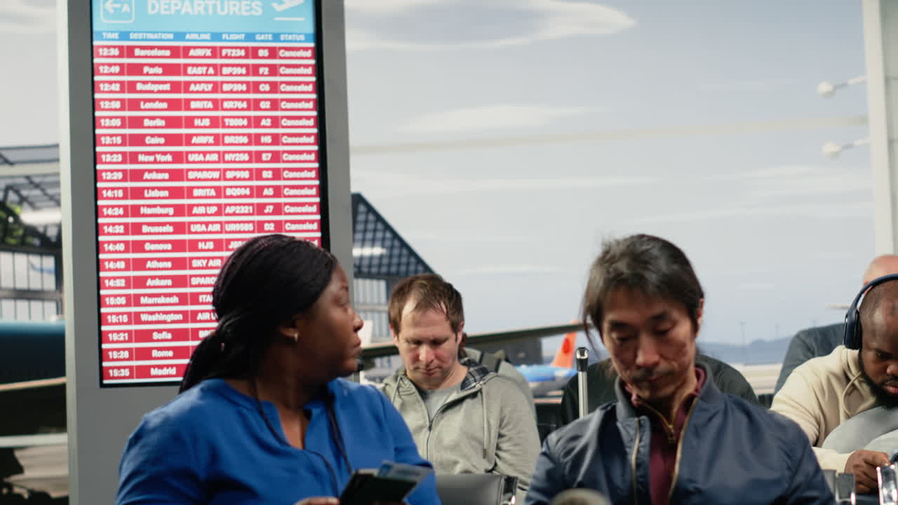 Turistas multiétnicos no aeroporto usam dispositivos, esperando um avião atrasado