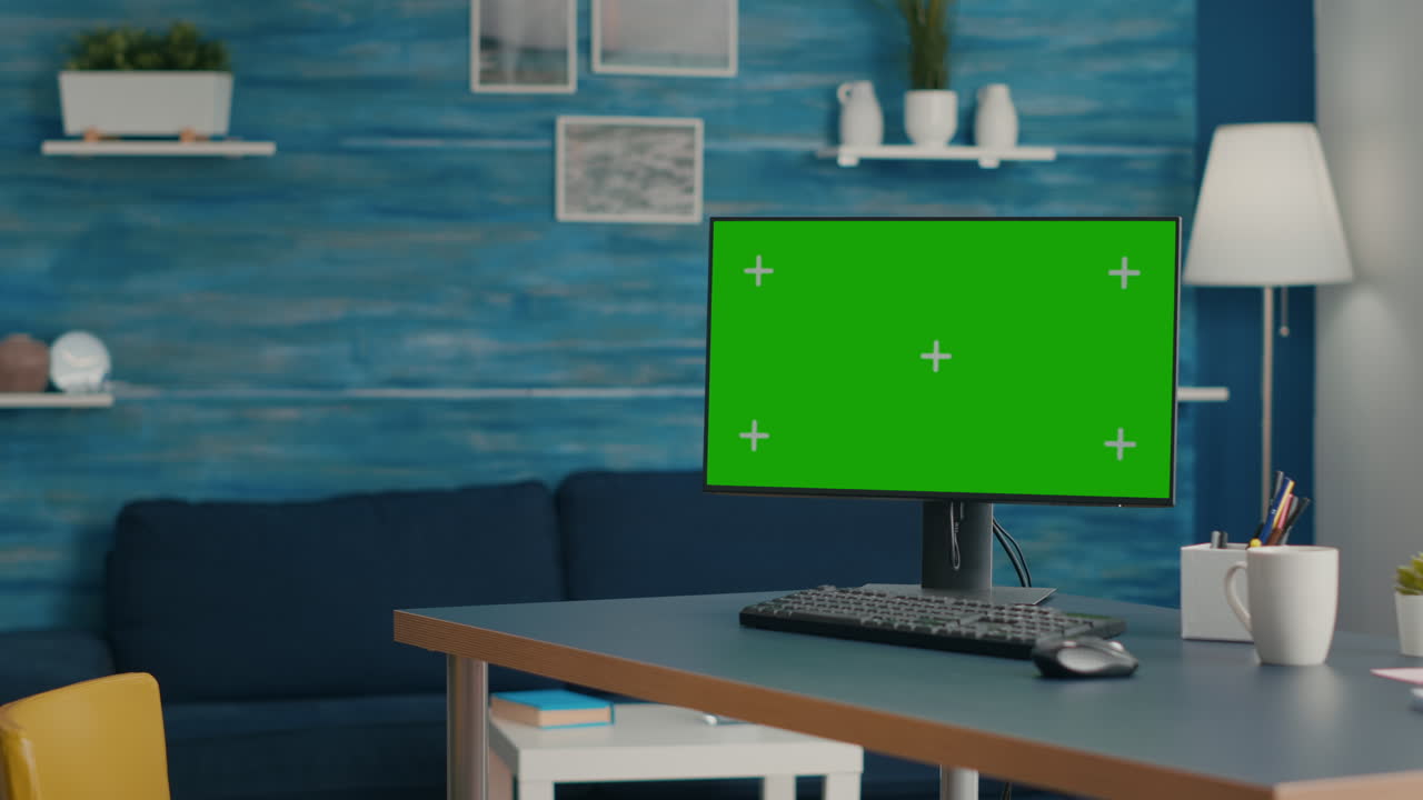 Powerful computer with mock up green screen chroma key stands on office desk
