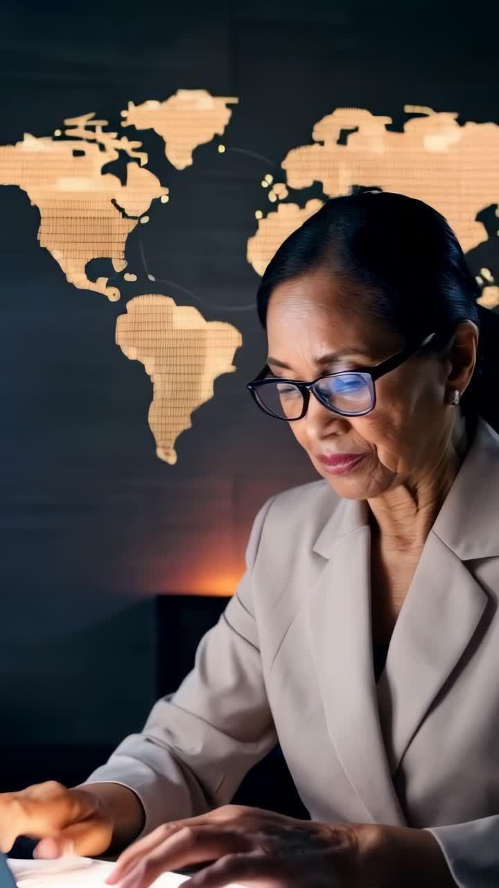 An asian woman is typing on a laptop in front of a world network map.