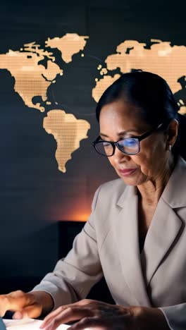 an asian woman is typing on a laptop in front of a world network map.