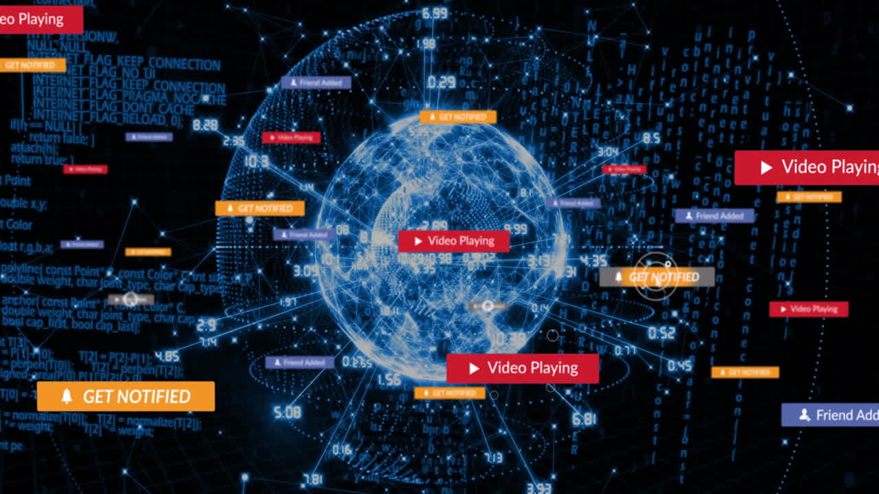 animación de iconos y procesamiento de datos digitales en todo el mundo