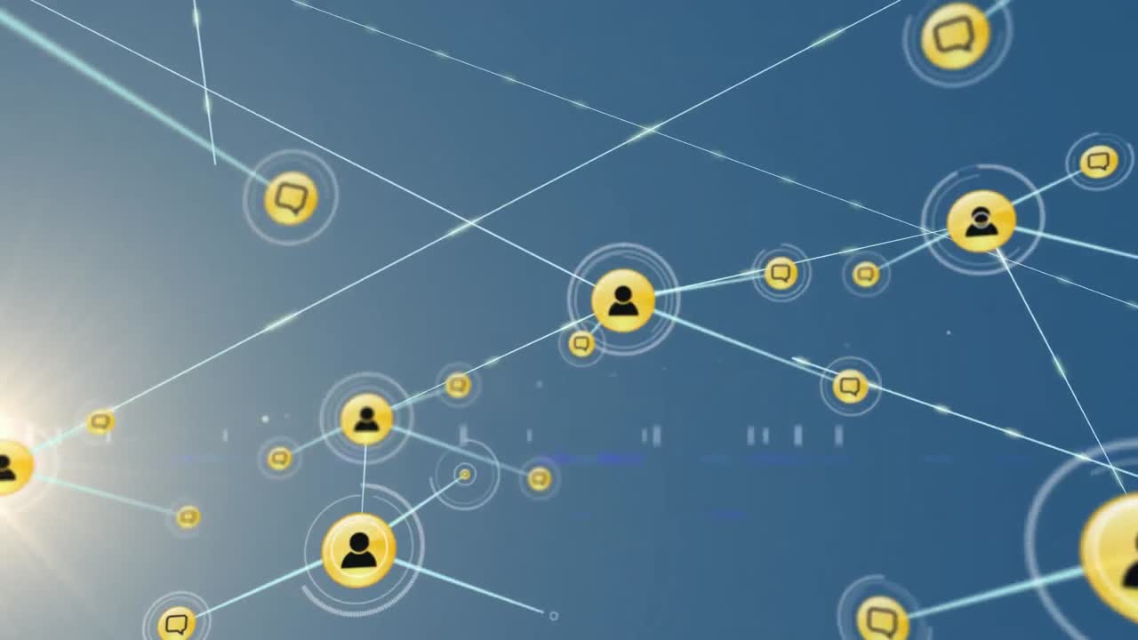 animación de una red de iconos digitales y un punto de luz contra un fondo azul.