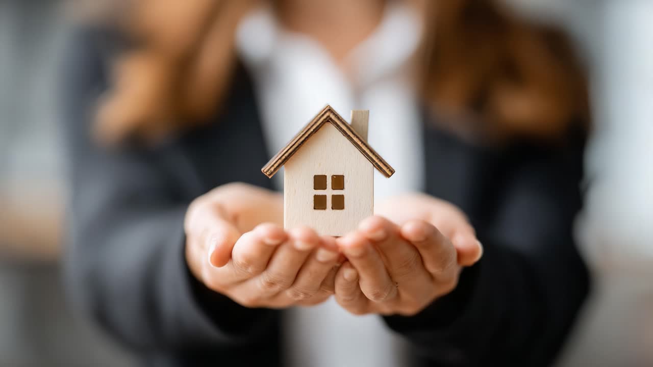 Un profesional sosteniendo una maqueta de casa de madera en miniatura con las manos abiertas, enfatizando conceptos de inversión inmobiliaria y propiedad de vivienda con un fondo moderno
