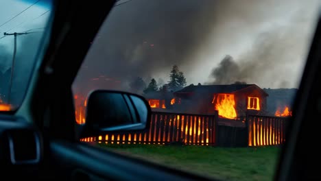 burning houses seen from car window