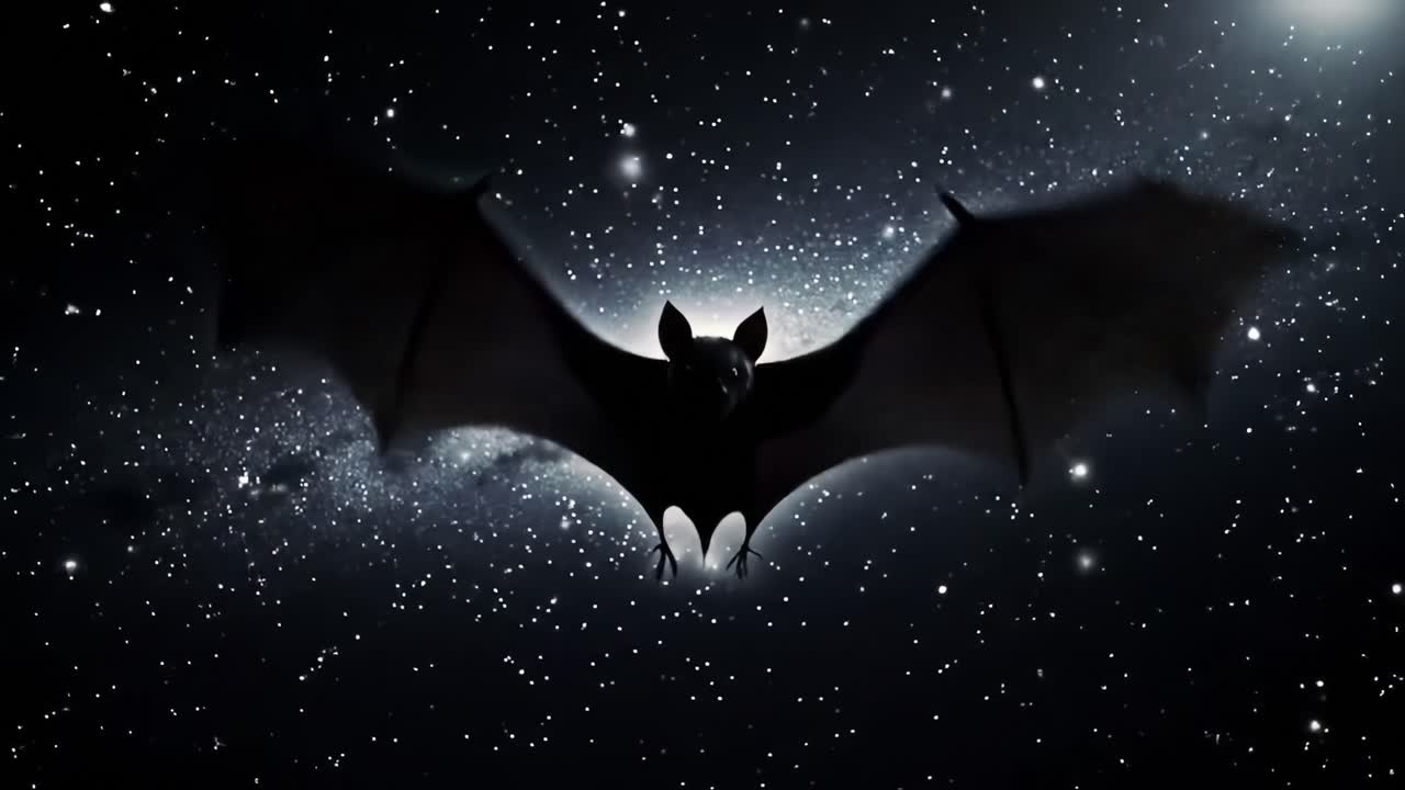 Un Maestoso Pipistrello che Plana Attraverso un Cielo Notturno Stellato, Illuminato dalla Luce Cosmica e Avvolto da Galassie, Creando un'Atmosfera Enigmatica di Mistero e Meraviglia