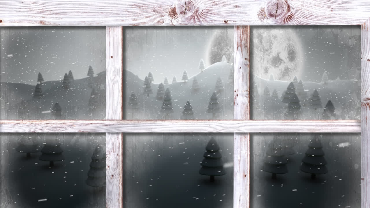 Animation of snow falling and christmas winter scenery seen through window