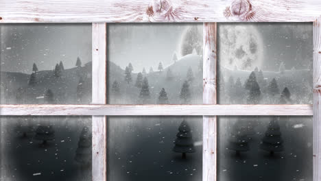 Animation-of-snow-falling-and-christmas-winter-scenery-seen-through-window