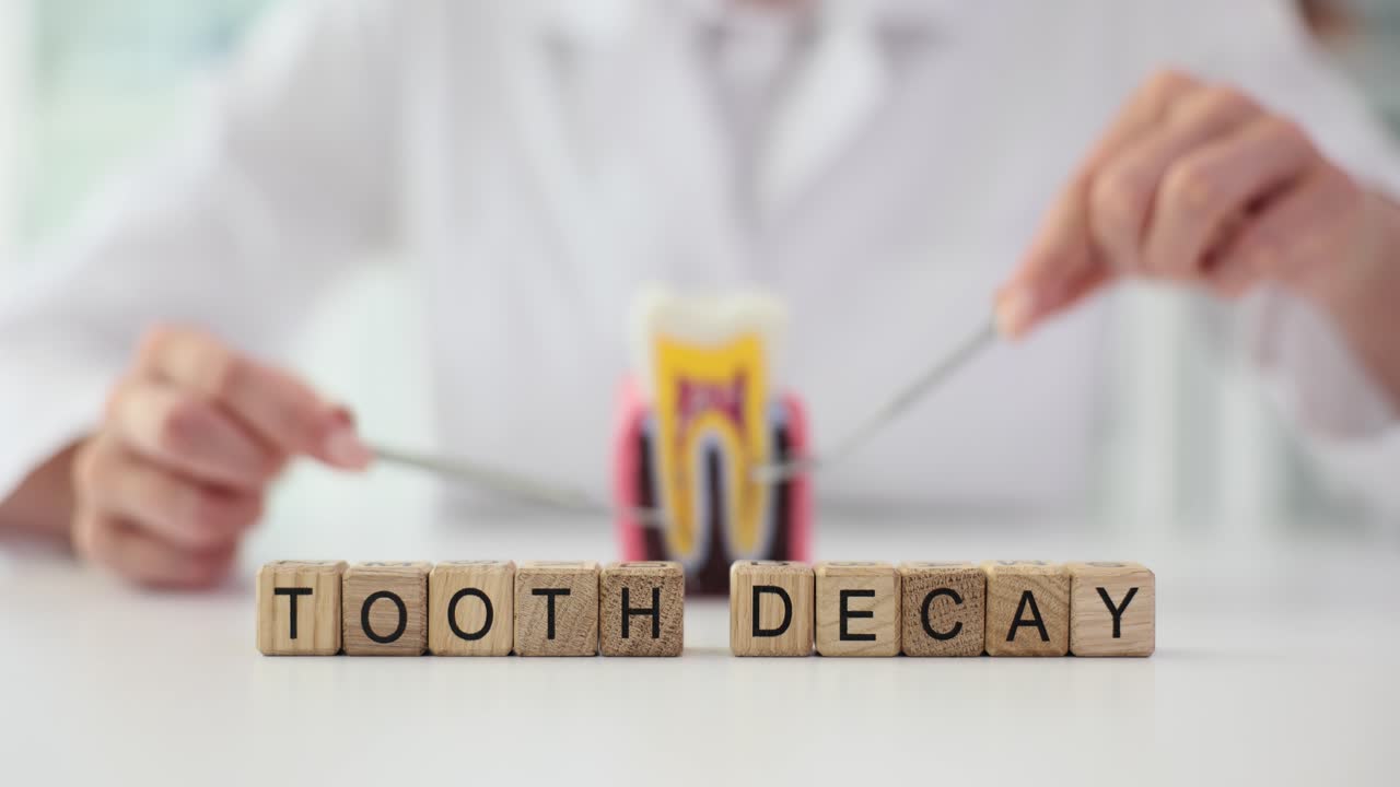 Wooden blocks spelling 'Tooth Decay' with dental professional and tooth model