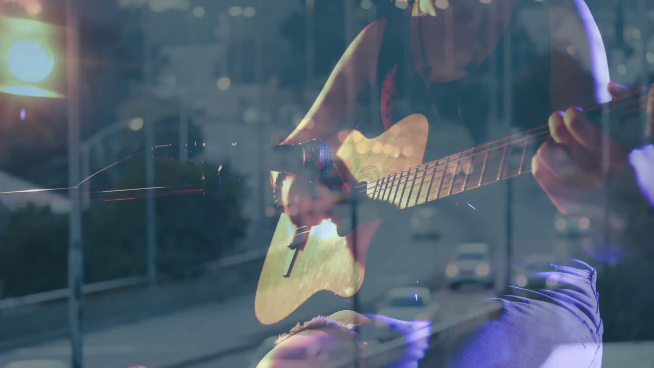Teenage girl playing acoustic guitar in music show on urban street stage, showing animated notes