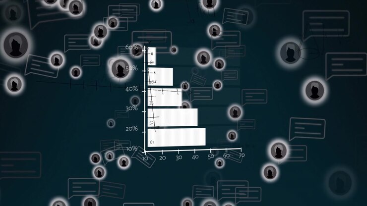 Animation of social media icons with speech bubbles over data processing on black background