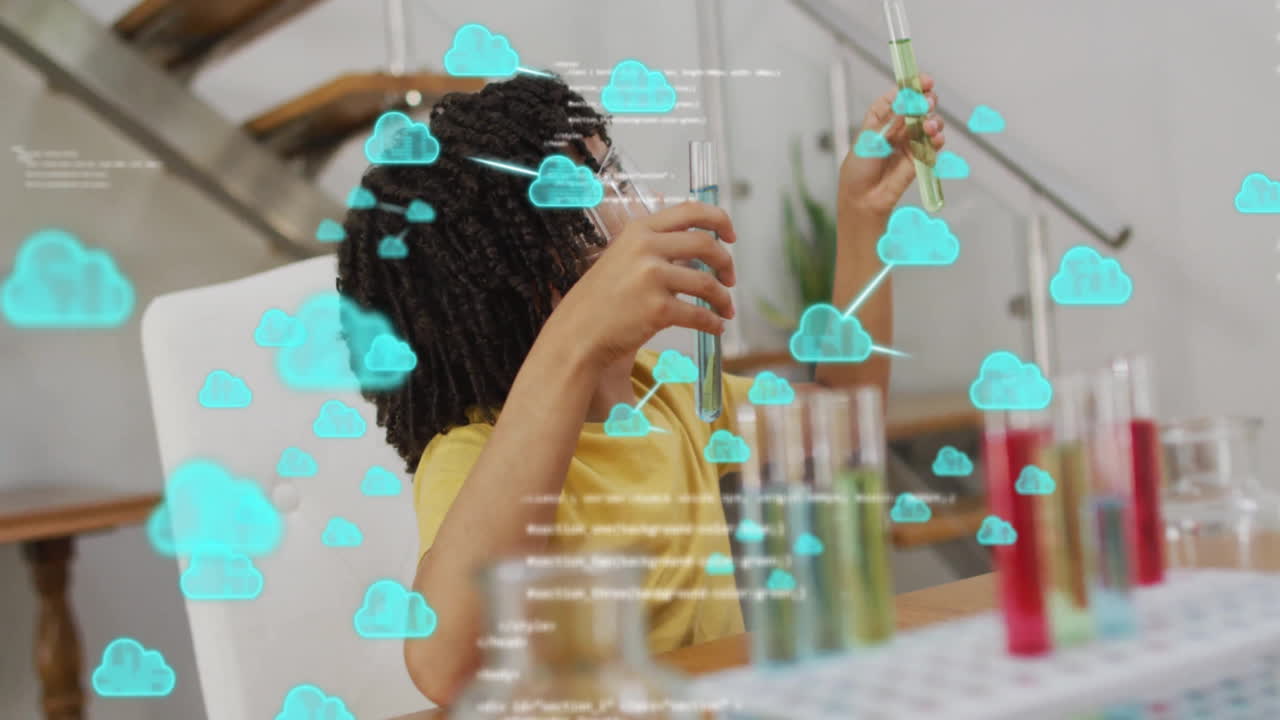 animación de computación en la nube sobre una persona experimentando con tubos de ensayo en el laboratorio