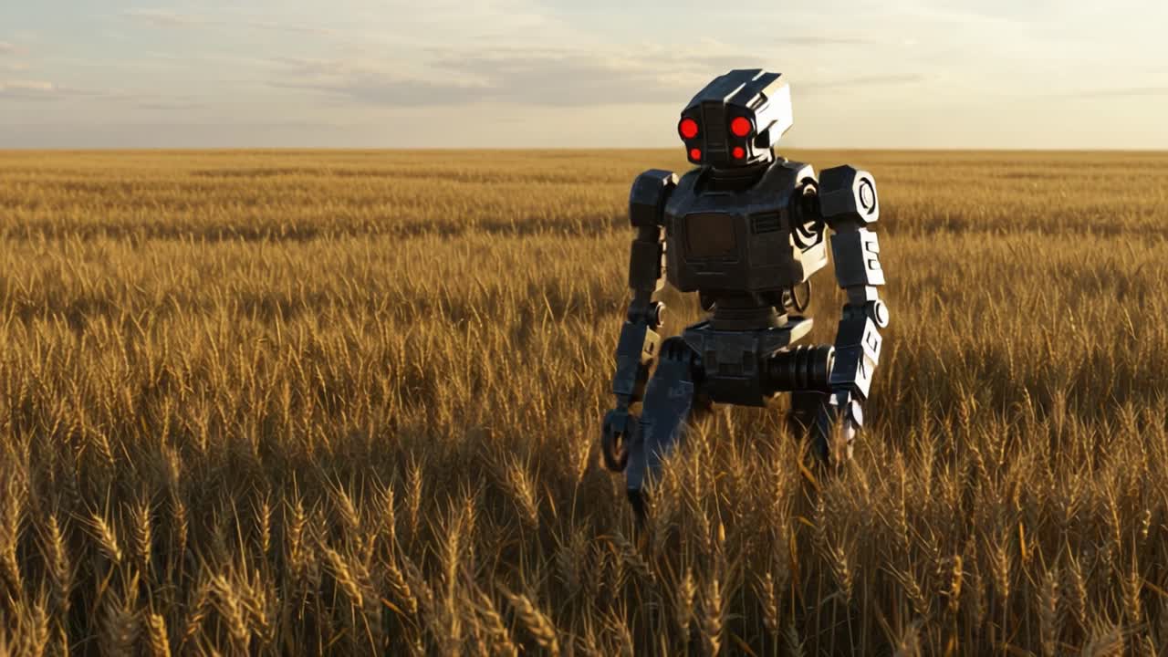 A Robotic Sentinel Stands in a Golden Wheat Field, Capturing the Harmony Between Technology and Nature Under the Vast Horizon