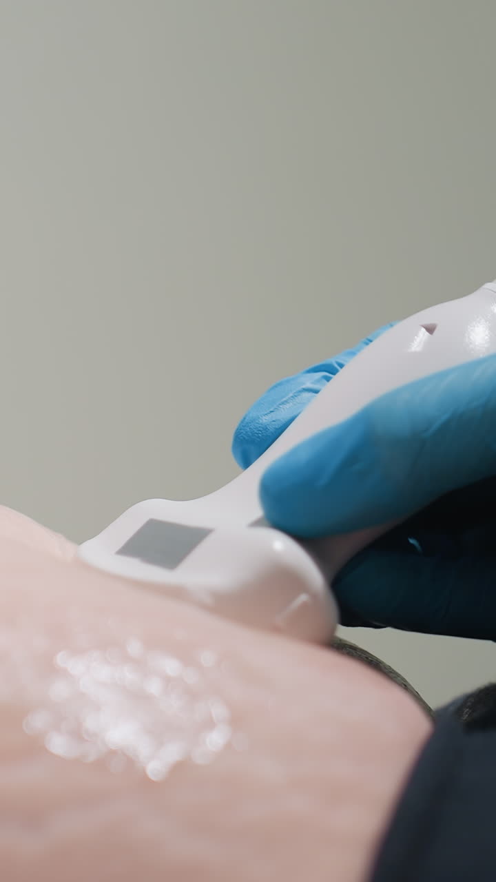 sonda de ultrasonido abdominal aplicando gel sobre la piel, ecografista con guante azul presionando el transductor sobre el abdomen del paciente para obtener imágenes de diagnóstico, primer plano enfocado en la textura del gel, el contacto de la sonda y el dispositivo