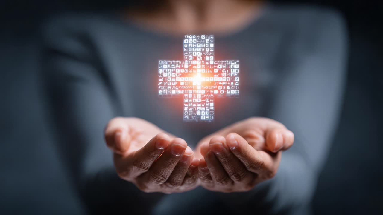 Una rappresentazione simbolica di salute e innovazione digitale: guidata dal contatto delle mani, una croce illuminata emerge come faro di speranza e guarigione nell'era moderna.