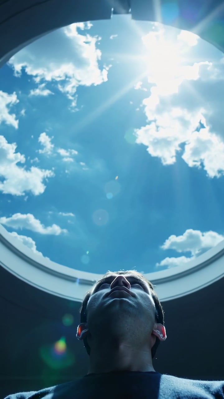 Vertical video: Sunlight entering oculus drawing man in dark crewneck tilting head up, sunbeams