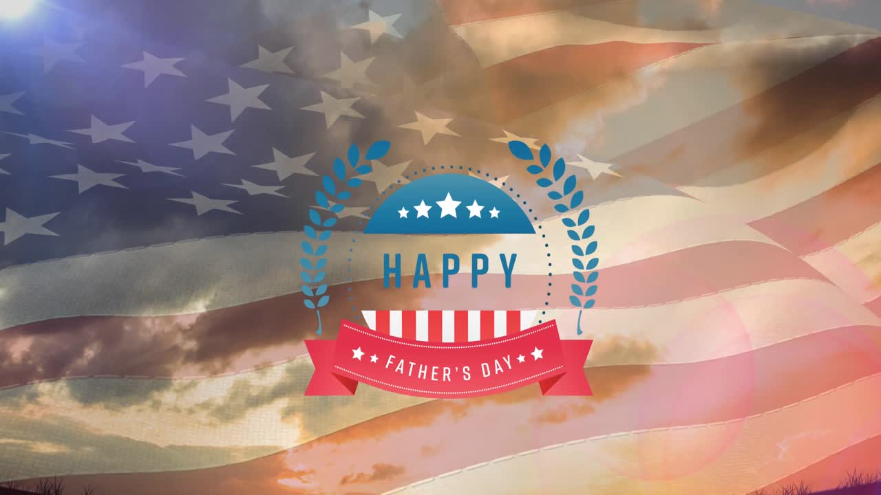 Animation of happy father's day text, over sunset sky and american flag