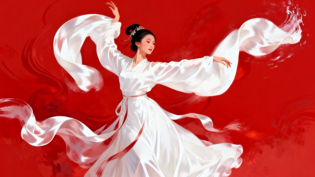 Mengangkat tangan penari Asia memutar-mutar lengan dan rok sutra putih di latar belakang merah, menciptakan lingkaran